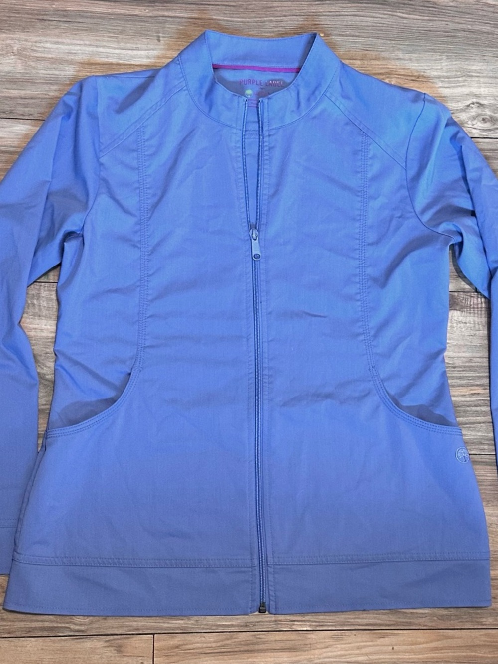 Scrub Jacket Purple label by healing hands. Ceil blue